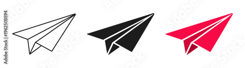 Paper plane icon set, send message symbol, email and chat communication sign, minimal simple vector illustration, outline and solid styles on transparent background