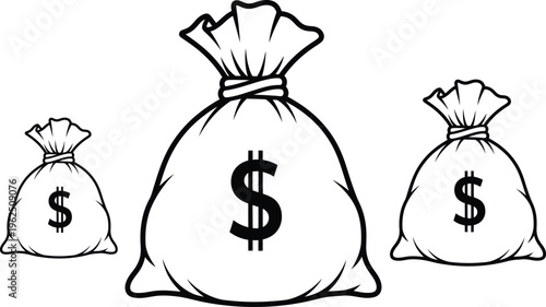Three money bags with dollar signs on a white background varying in size