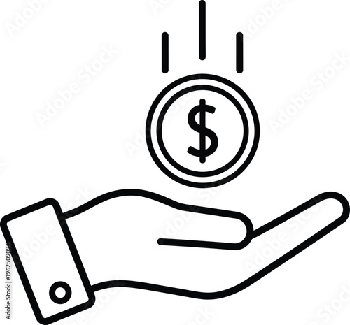 A hand receiving a dollar coin with lines indicating growth or increase