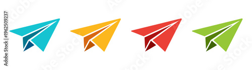 Colorful paper plane icon set, send message mail symbol, email communication and chat interface vector illustration, simple minimal design isolated on transparent background