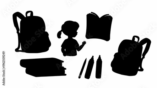 School doodle silhouettes of backpacks a child books and pencils on a white background education concept