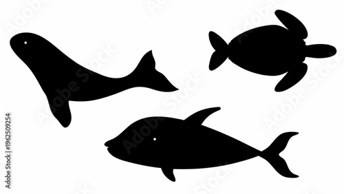 Black silhouettes of whale turtle and fish swimming together on white background ocean animal doodle illustrations