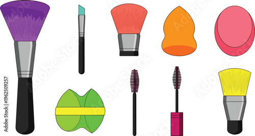 Professional Makeup Brush Icon Set with Beauty Blenders, Mascara Wands, and Cosmetic Applicators for Salon Branding, Beauty Tutorials, and Fashion Accessory Graphic Designs