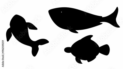 Doodle silhouettes of ocean animals fish whale and turtle in black on white background marine life illustrations