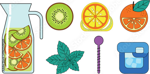 Refreshing Fruit Infused Water Icon Set with Glass Pitcher, Kiwi Slices, Orange, Mint Leaves, and Ice for Healthy Lifestyle, Detox, and Summer Beverage Designs
