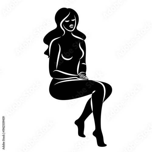 Silhouette of a cute lady, she is sitting. The girl has a beautiful naked figure. The woman is a young sexy and slim model. Vector illustration