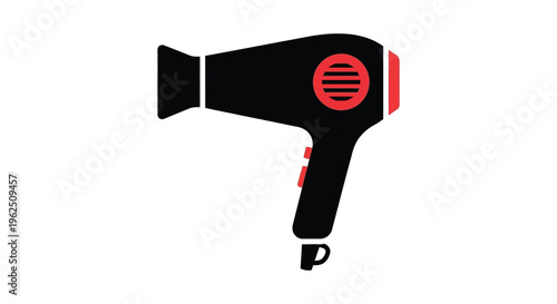 Black hair dryer with red accents in minimalist flat design for beauty and haircare branding