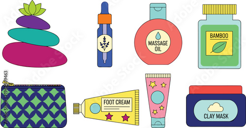 Spa and Wellness Icon Set with Zen Stones, Massage Oil, Clay Mask, Cosmetic Tubes, and Makeup Bag for Holistic Beauty Branding and Organic Skincare Designs