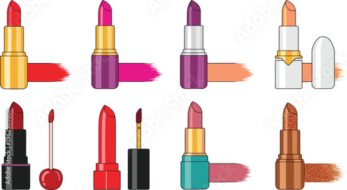 Collection of Realistic Lipstick and Lip Gloss Vector Icons with Colorful Smears and Swatches for Beauty Blogs, Cosmetics Branding, Fashion Makeup Tutorials, and Web Design