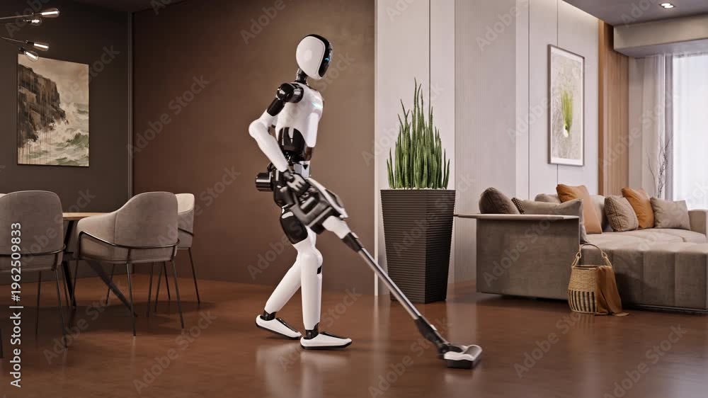 custom made wallpaper toronto digitalAI-powered humanoid robot cleanimg apartment, vacuuming a modern living room. Advanced household automation and AI housekeeping assistant. Future smart home technology. 3d animation rendering