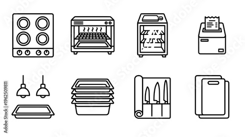 Restaurant kitchen equipment icons set for culinary and food preparation