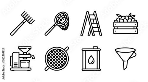 Set of farming tools icons depicting harvest and industrial processes