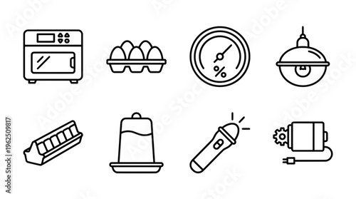 Set of black and white line art illustrations of various objects