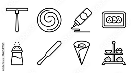Set of minimalist line art cooking icons for food preparation and service