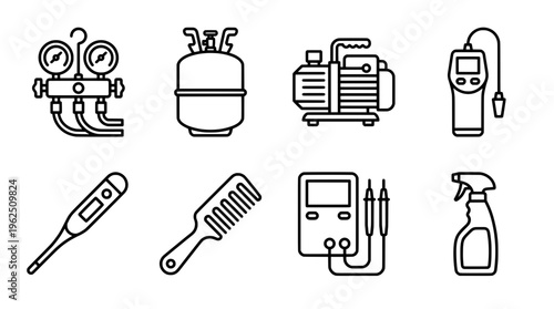 Set of line art tool icons for various technical or scientific applications