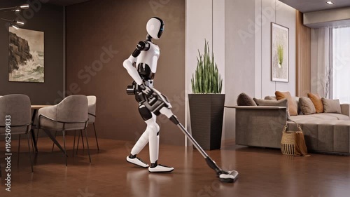 Wallpaper Mural AI-powered humanoid robot cleanimg apartment, vacuuming a modern living room. Advanced household automation and AI housekeeping assistant. Future smart home technology. 3d animation rendering Torontodigital.ca