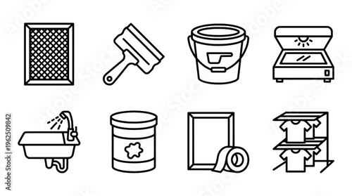 Set of simple line art icons illustrating various objects and tools