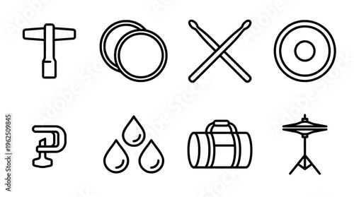 Set of musical instrument icons drums sticks cymbals and accessories