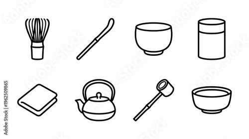 Minimalist matcha tea ceremony tools illustration in black and white
