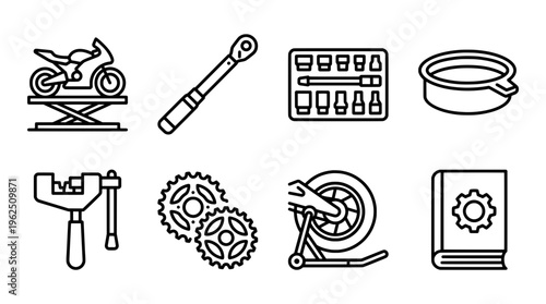 Motorcycle repair and maintenance tools illustration in modern flat line style