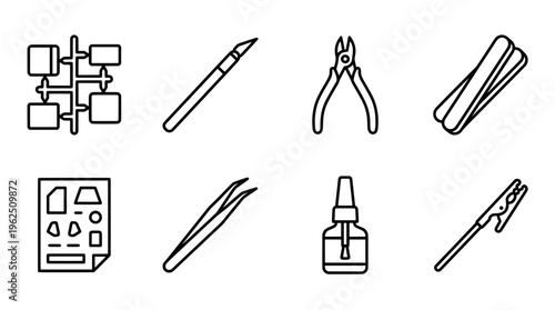 Model building tools illustration of various components and instruments