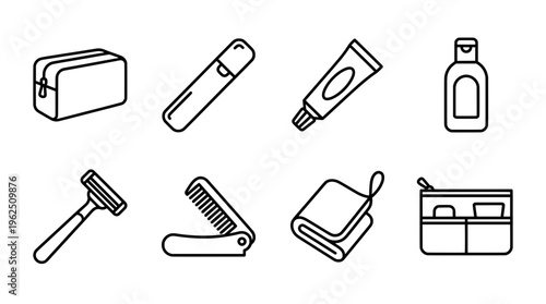 Minimalist outline illustration of personal grooming and hygiene products
