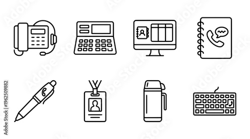 Office icons vector illustrations of communication tools and office supplies