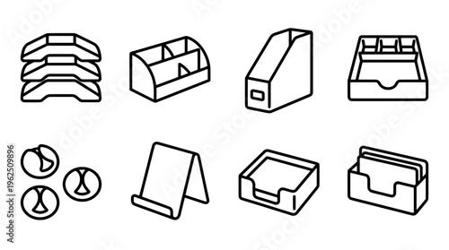 Office supplies icons organizer tray magazine holder business card holder