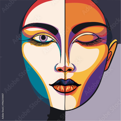 Abstract Split Face Female Portrait With One Open Eye Geometric Beauty Fashion Vector Illustration Symmetrical Modern Cosmetic Editorial Design