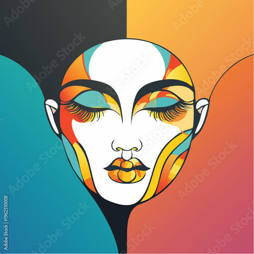 Abstract Colorful Female Face Front View Geometric Beauty Portrait Modern Fashion Line Art Vector Illustration Symmetrical Cosmetic Editorial Design