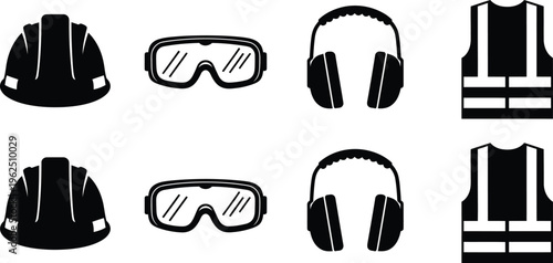 Personal protective equipment icon set safety symbols for hard hat goggles ear muffs and safety vest