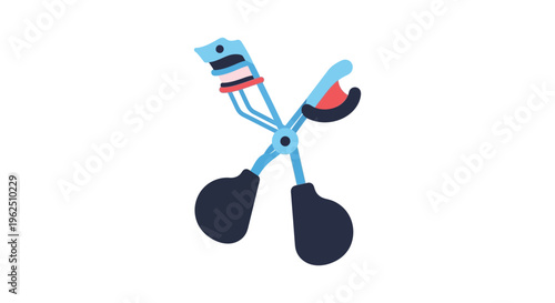 Blue eyelash curler with black pads and red accents in minimalist flat design for beauty product advertising