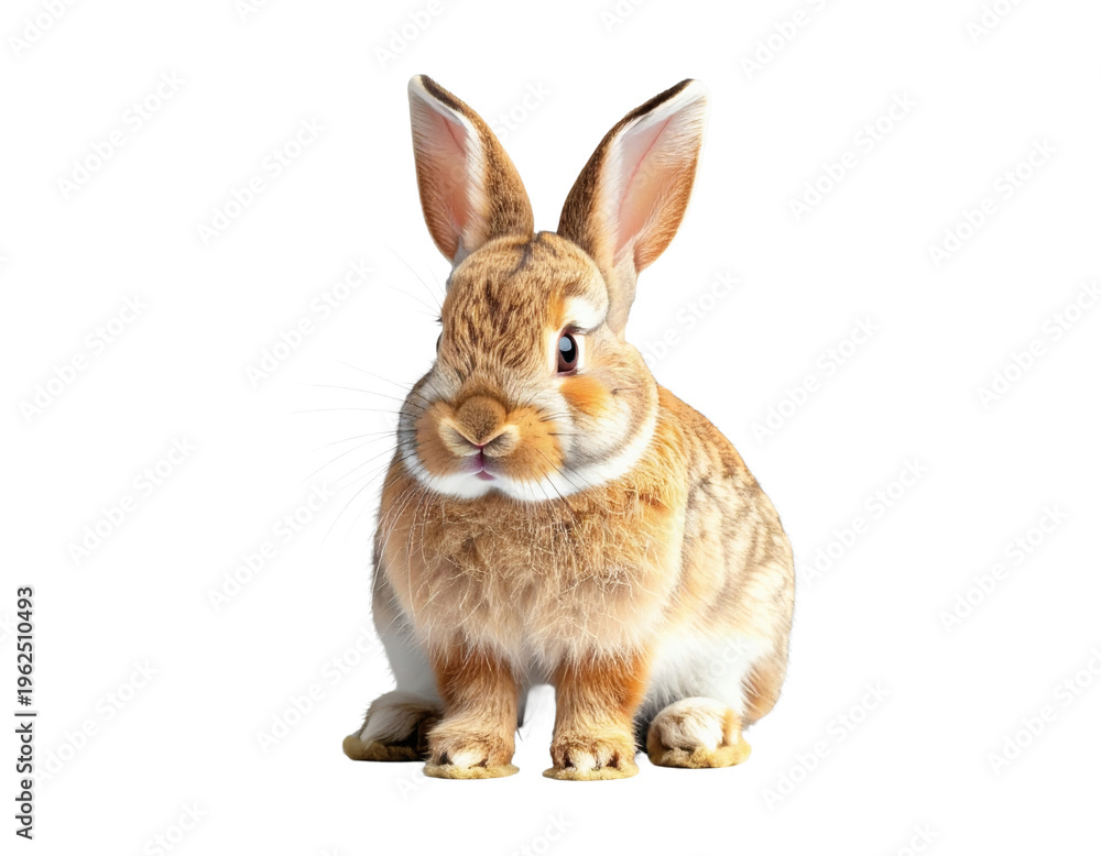 Fototapeta premium A single, adorable rabbit with erect ears is sitting upright and looking towards the camera. Its fur is a mix of brown and beige on a transparent isolated background, PNG