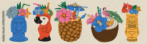 Summer Cocktails set. Refreshing drinks with fruit, small umbrella, flowers, straw. Various shape glasses. Tiki, parrot, coconut, pineapple. Hand drawn Vector illustration. Isolated design elements