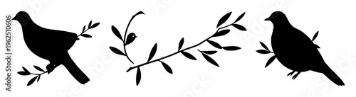 Dove set with olive branch silhouette featuring single dove, green leaf, white figure, abstract symbol with peace, spirituality and nature