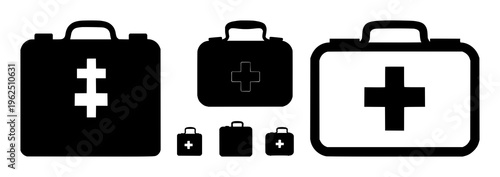 First aid kit medical silhouette set with flat black outline design featuring emergency, health, safety with medical and kit