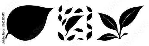 Tea leaf silhouette set with flat vector illustration in dark green background featuring leaf, green, organic with tea and botanical