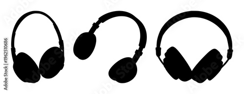Headphones set with stylized silhouette of music wave and note icons, dynamic line art depicting audio signal featuring sound, audio, headphones with music and waveform