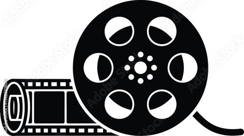 Black and white film reel icon with film strip on a white background
