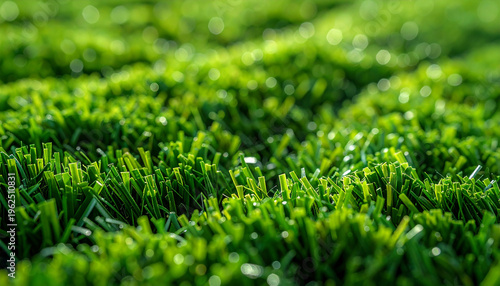 Abstract pattern of green artificial grass blades in soft sunlight