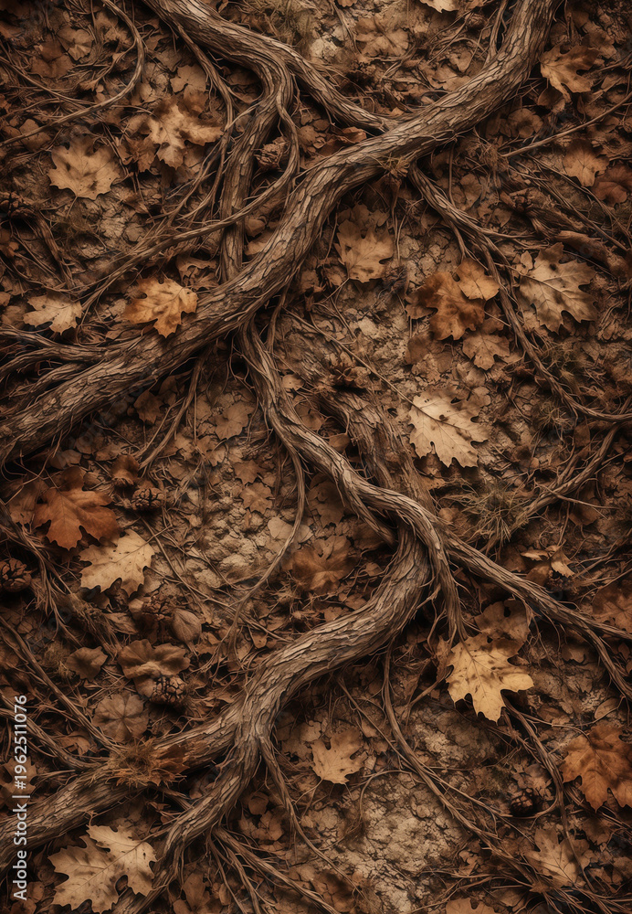 Fototapeta premium Forest ground covered with dry leaves and twisting roots forming a dense organic woodland texture.