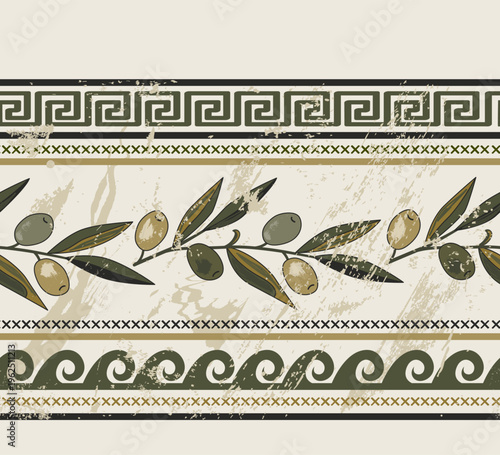 Seamless pattern with olives, meander, and other classical Greek symbols. Rich ancient stylized ornament. Vector illustration
