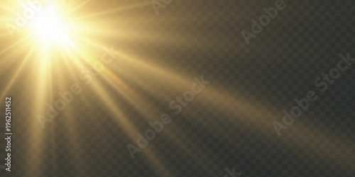 Soft summer rays of light with bright highlights and warm illumination. The realistic sunburst effect is isolated on a transparent PNG background.