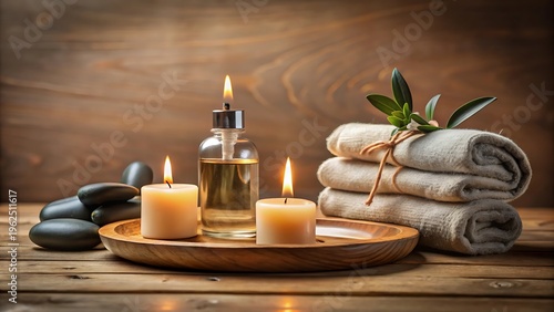 Spa setting with lit candles, essential oil, folded towels, and massage stones.