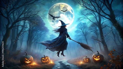 Halloween night scene with witch flying broomstick over pumpkins on spooky moonlit forest path.