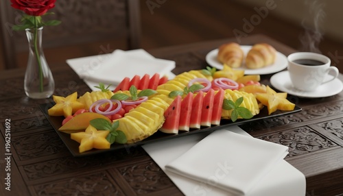 Exotic fruit platter with star fruit watermelon pineapple and croissants coffee breakfast.