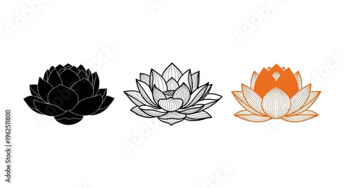 Three lotus flower illustrations in black, line art, and orange black art illustration vector botanical