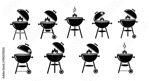 Set of barbecue grill icons in black silhouette on white background bbq cooking outdoor fire