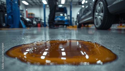 A close-up of a dark oil spill on the floor of an auto repair shop with a car in the background. Concepts of industrial work, maintenance issues, workplace safety, and environmental hazards.