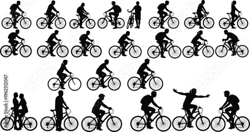 Bicycle rider silhouette collection, cad drawing flat vector illustration, flavector set of people cycling, mountain biking and commuting for sports.